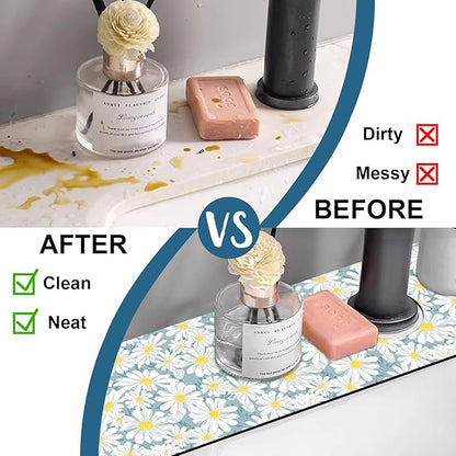 White Flower Sink Faucet Absorbing Mat Cute Chamomile Super Absorbent Fast