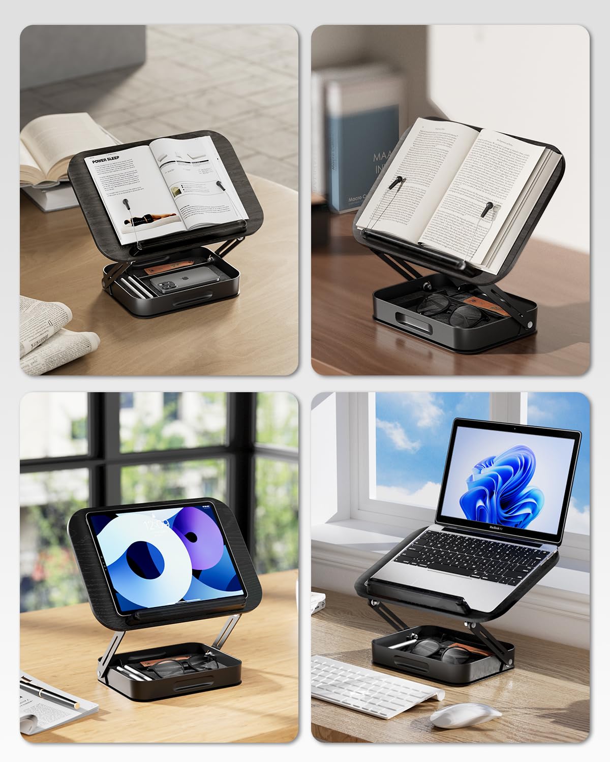 Adjustable Book Stand with Storage Drawer, 360° Rotating Book Holder, Height & Angle Adjustable, Extra-Wide Page Clips for Thick Books, Wood & Aluminum Book Stand for Desk, Study, Kitchen