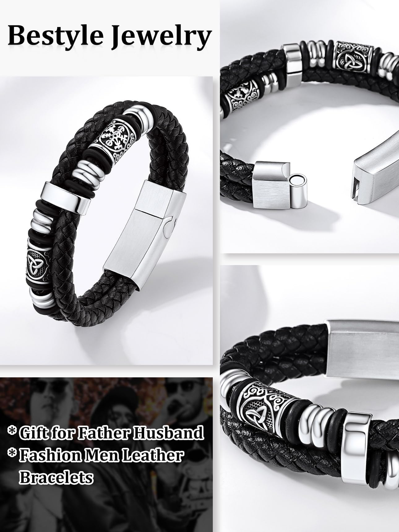 Bestyle Black Leather Bracelet for Men Double Layer Mens Leather Celtic Bracelets with Lucky Beads, Fashion Punk Retro Men Wristband Leather Bracelet Great Gift for Father Husband, 23cm/9.1 Inch