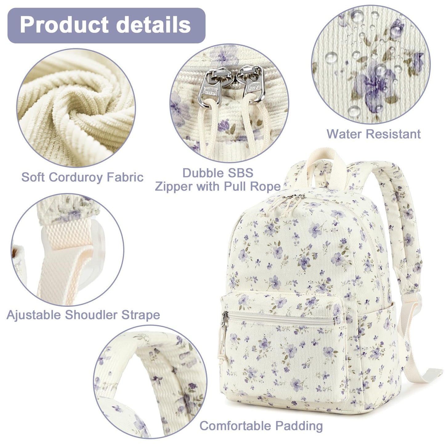BTOOP Mini Backpack Women Girls Water-resistant Small Backpack Purse Shoulder Bag for Womens Adult Kids School Travel (Purple Floral201)