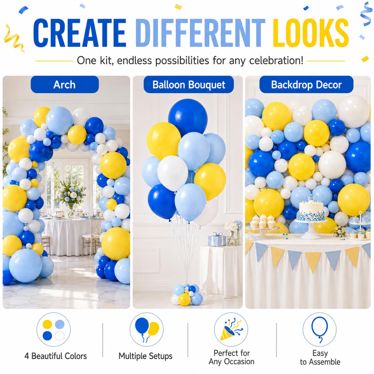 Blue White Yellow Balloon Arch Kit, Graduation Yellow Royal Blue Latex Party Balloons for Lemon Amalfi Coast Baby Shower Anniversary Birthday Wedding Graduation Party Decorations