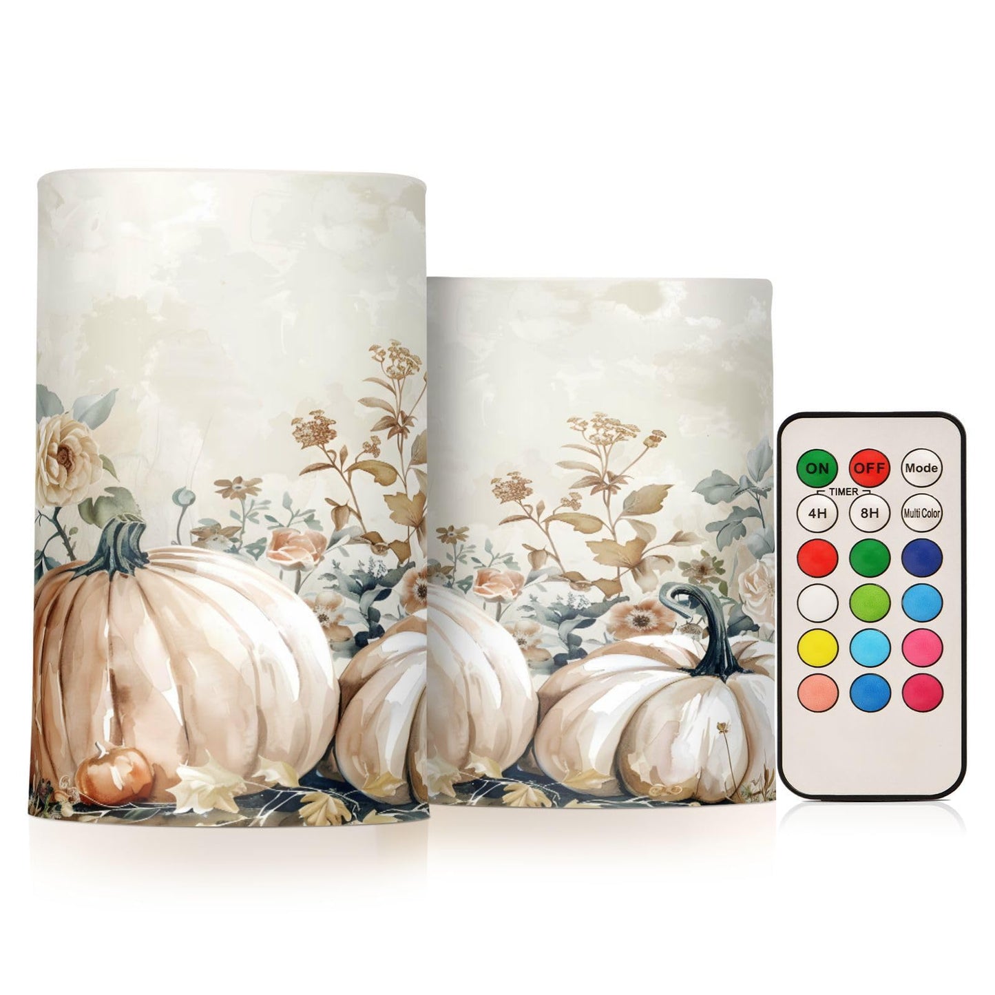 ALAZA Autumn Pink Pumpkins Floral Flickering Flameless Candles Battery Operated with Remote Timer,Tea Light Candles LED Pillar Votive Candles Set of 2 for Outdoor Indoor Decorations