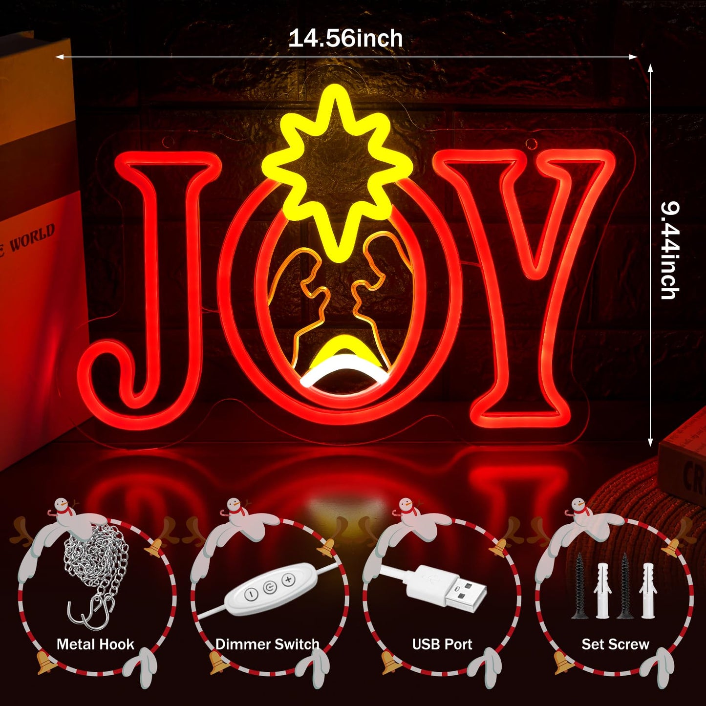 InnovTools Christmas Neon Sign, LED Joy Religious Neon Light, Dimmable Joy Nativity Scene Light up Christmas Sign for Window Decor, Xmas Lamp for Home Bedroom Wall Tree Hanging Decorations