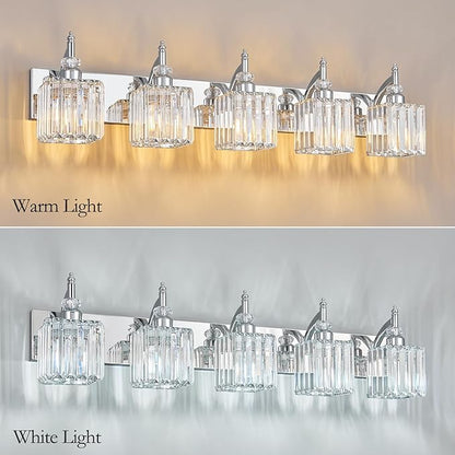 Crystal Vanity Lights Chrome 5 Light Bathroom Light Fixtures Over Mirror Modern Vanity Light for Bathroom