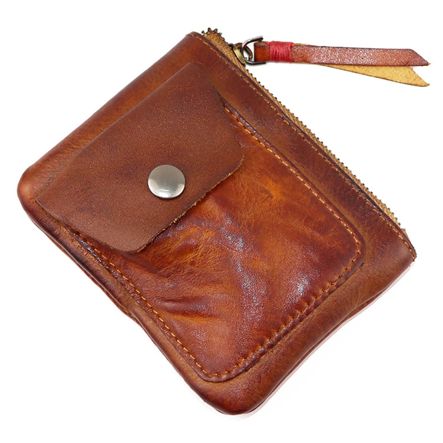 LFWATAXY Genuine Cowhide Coin Purse for Men, Women Leather Coin Pouch Zipper Coin Purse Wallet Leather Zipper Storage Bag Coin Organizer (Brown)