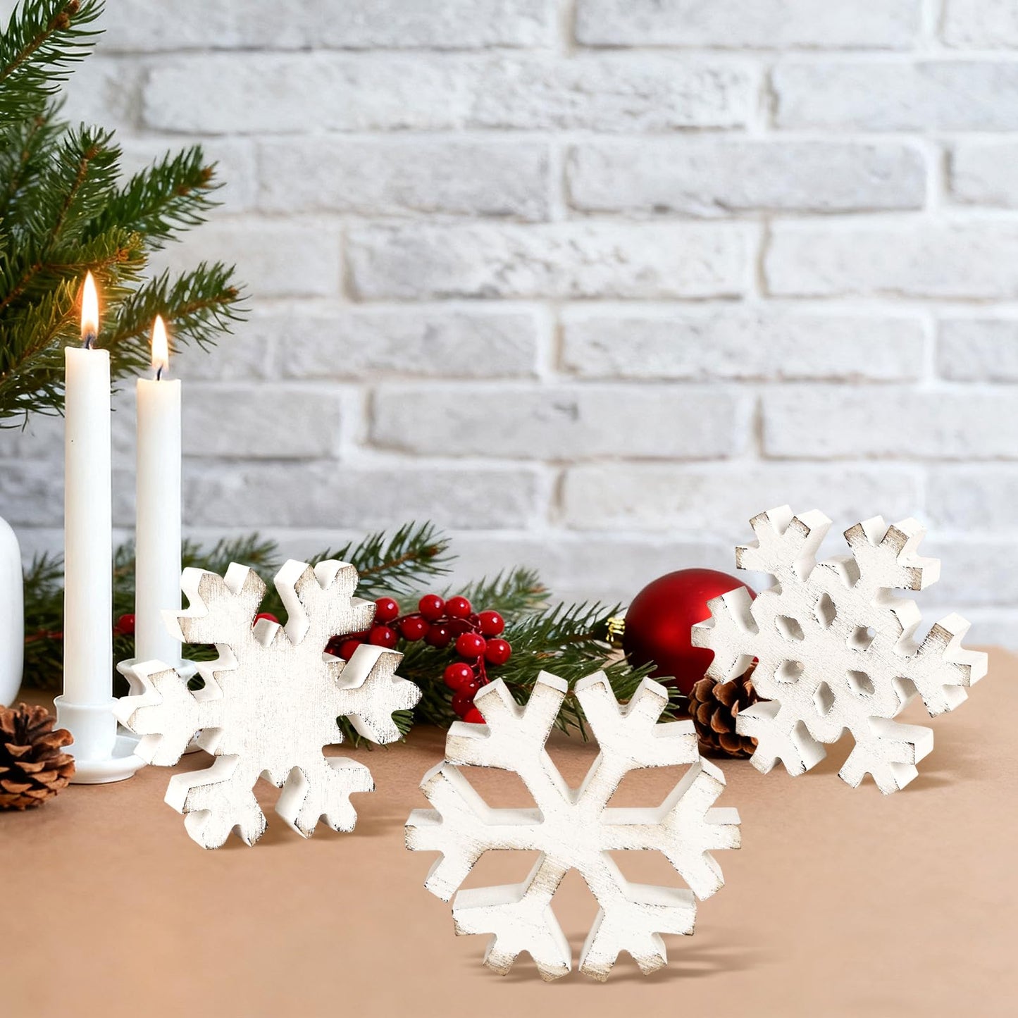 PAIVSUN 6Pcs Christmas Wooden Snowflake Decor Winter Snowflakes Table Signs Centerpieces Decorations Standing for Xmas Holiday Party Home Tabletop (Retro)