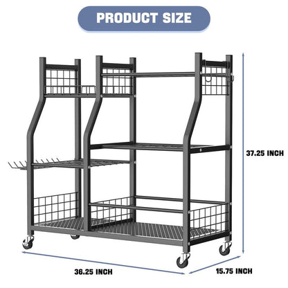WALMANN Garden Tool Organizer with Wheels for Garage, Large Storage Capacity, Rakes/Shovels/Yard Tools Storage Stand for Shed, Garden, Indoor/Outdoor Long-Handled Tools Rolling Cart
