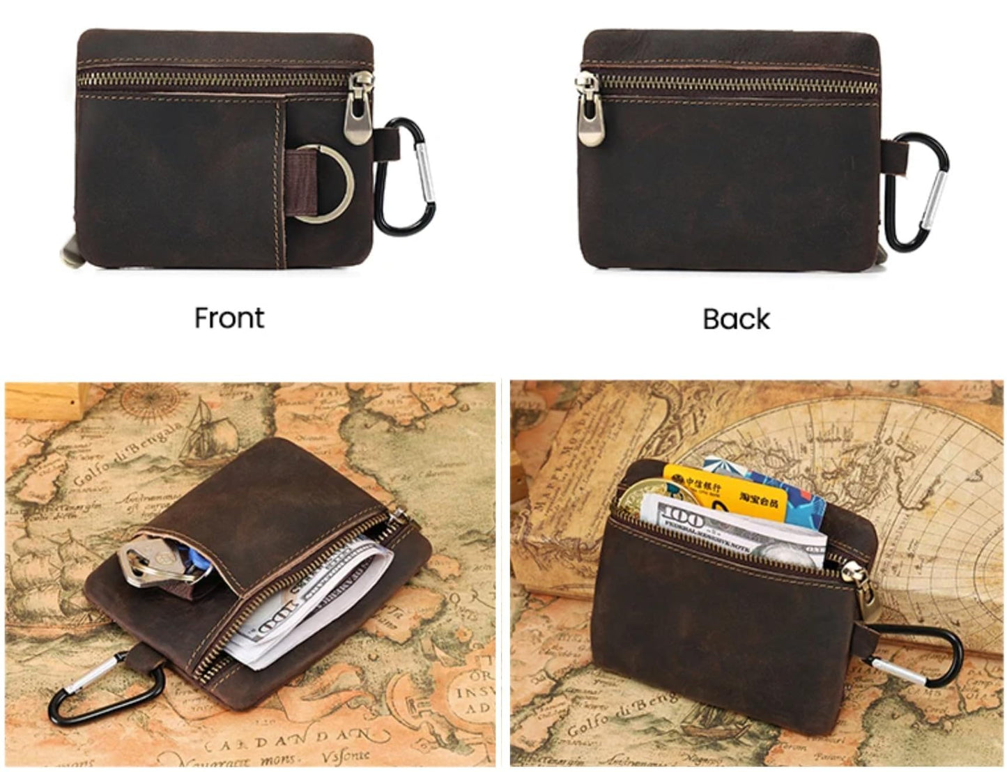 Men Genuine Top Grain Cow Leather Coin Purse with Key Ring & Clip. Retro Slim Minimalist Wallet Card Case (Coffee)