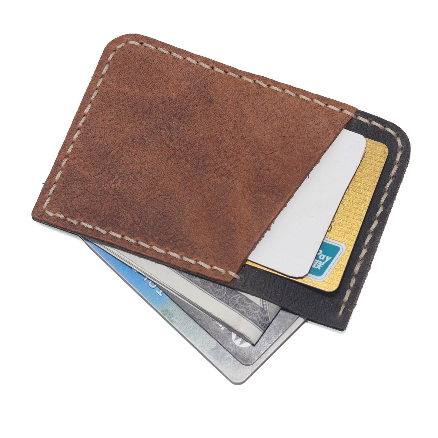 Handmade Genuine Leather Slim Front Pocket Wallet for Men & Women - Ultra Thin Minimalist Card Holder with Cash Slot (4.2×2.8×0.1 inches) - Brown & Black Contrast Design, Perfect Everyday Carry & Gift