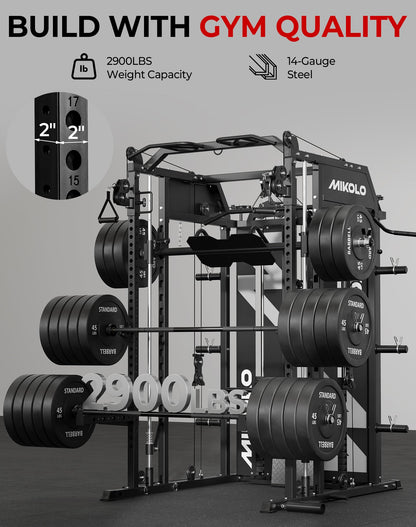 Mikolo Smith Machine with Weight Stack, Power Cage Home Gym System with LAT Pulldown & Cable Crossover, Multi-Functional Trainer with Dual Pulley System, BP 230lbs