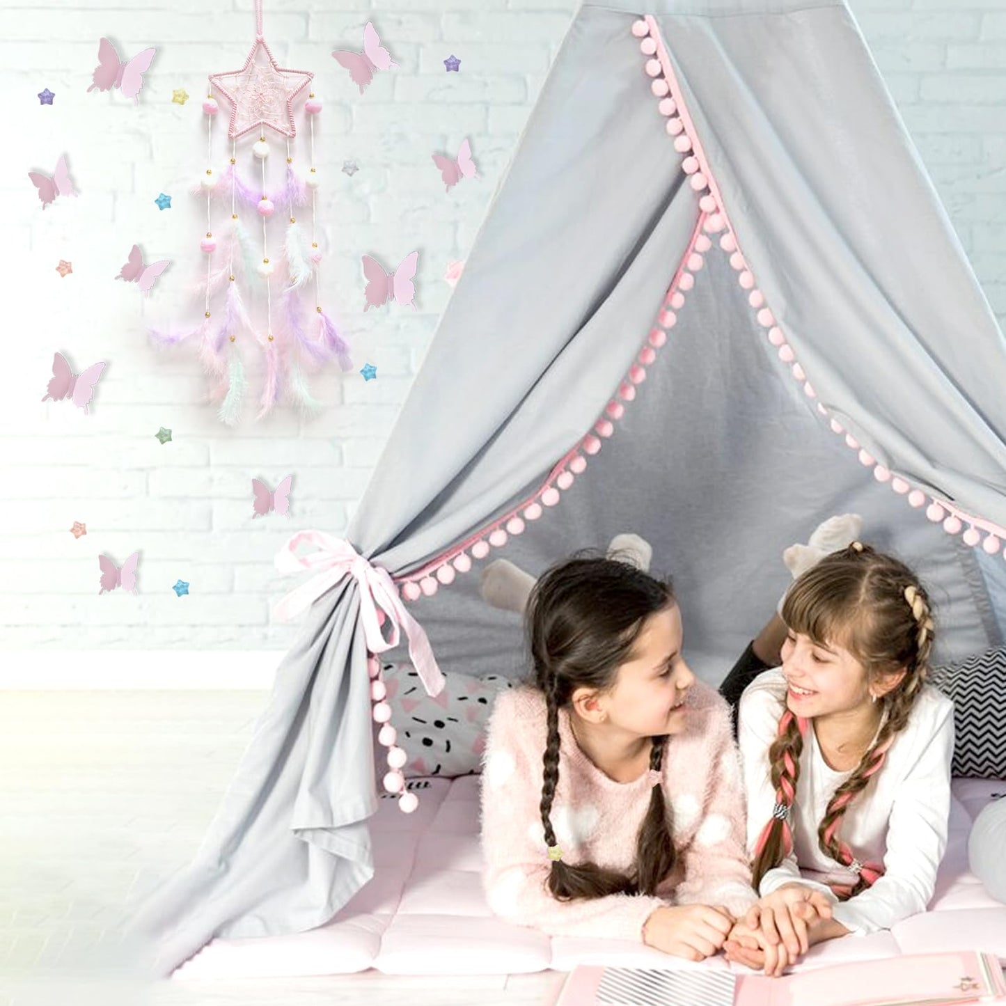 Fun-Plus Pink Dream Catcher Wall Hanging Set - 10 Butterflies & 16 Stars, Boho Room Decor for Girls, Easy Peel & Stick Wall Art
