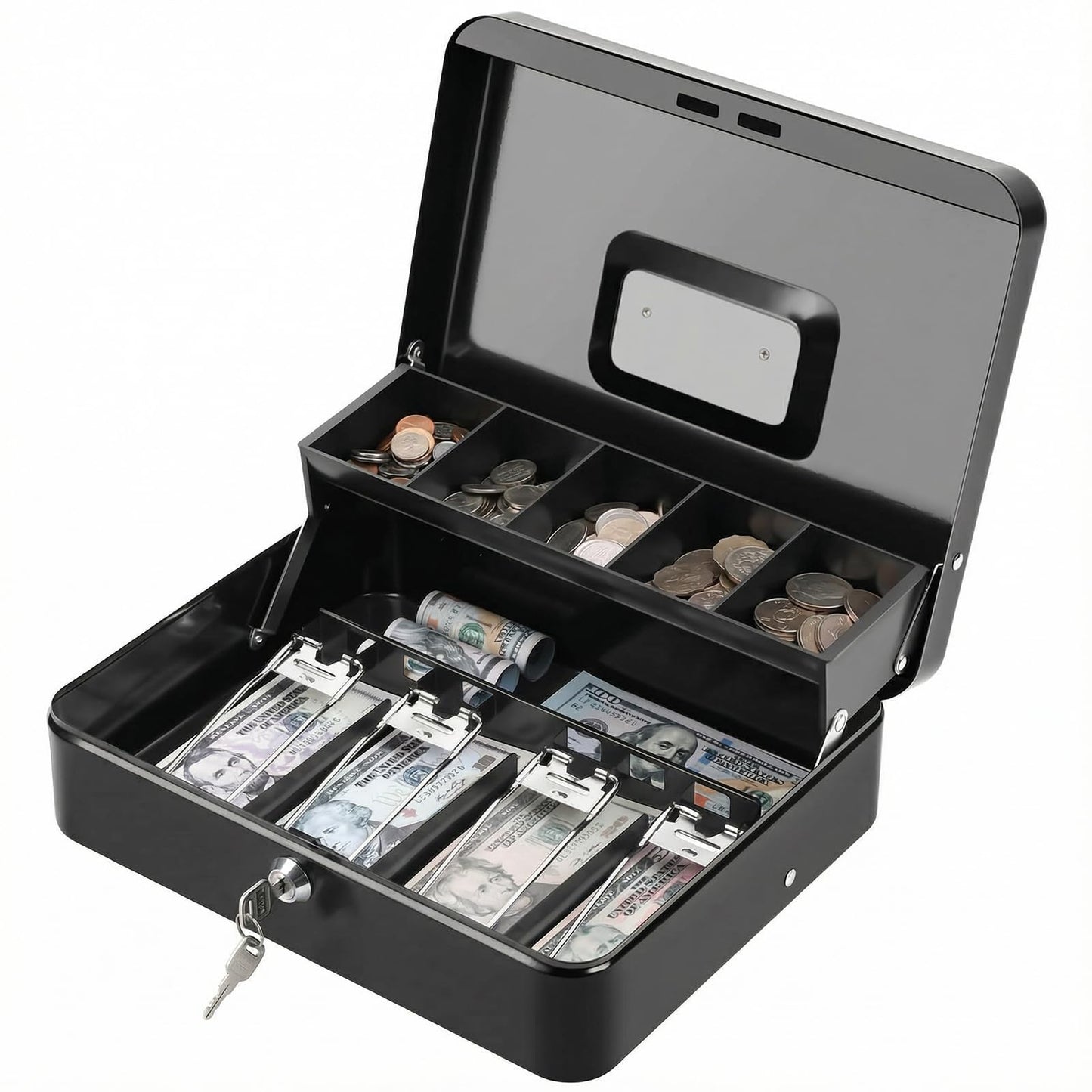 KYODOLED Locking Cash Box with Lock, Money Box with Cash Tray, Lock Safe Box with Key, Money Saving Organizer,11.81Lx 9.45Wx 3.54H Inches, Black XL Large