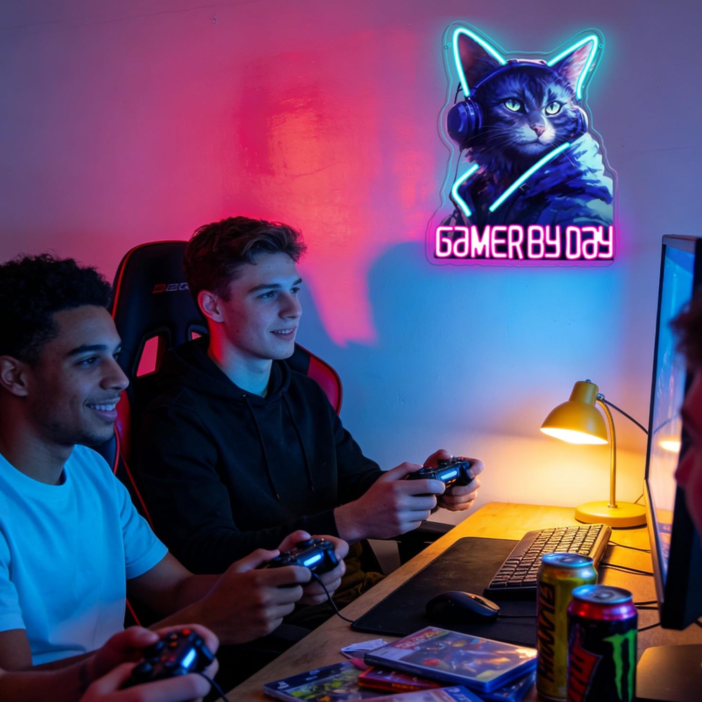 RuCvixkt Gamer By Day Cat Neon Sign, Cool Gaming Cat LED Light, Neon Signs Wall Decor for Game Room, Man Cave, Bedroom, Bar, Gift for Boys Girls Birthday Party Christmas