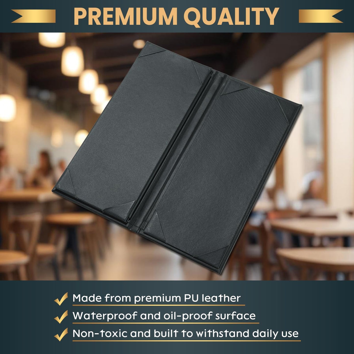 AMGSH 10 Pack 4 View Menu Holder Menu Covers 4.25" x 11" | 10 Pack Black Leather Menu Sleeves Book Style for Restaurant Coffee Bars Wine List (4 View, 10 Pack)