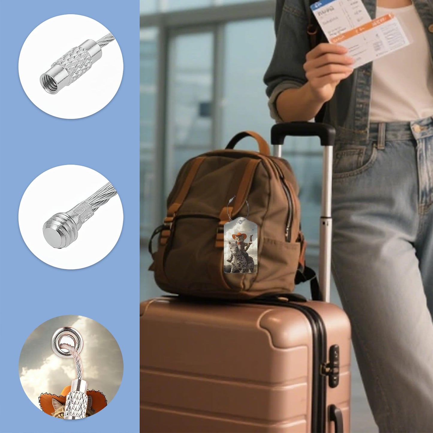 3 Pack Luggage Tag for Suitcase Leather Travel Cruise Luggage Tag with Stainless Steel Loop Name ID Label Privacy Cover for Adults Teens Travel Bag Labels Set (Cowboy Cat)