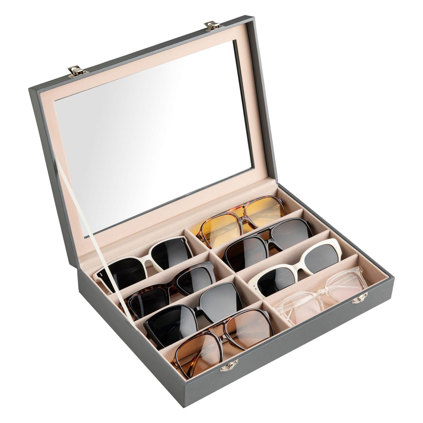 Frebeauty Sunglass Organizer,PU Leather Glasses Organizer,8-Slot Sunglasses Tray with Clear Lid,Men's/Women's Sunglasses Box,Sunglass Case,13.3x9.65x2.48 Inches,Eyeglass/Eyewear Display Tray(Grey)