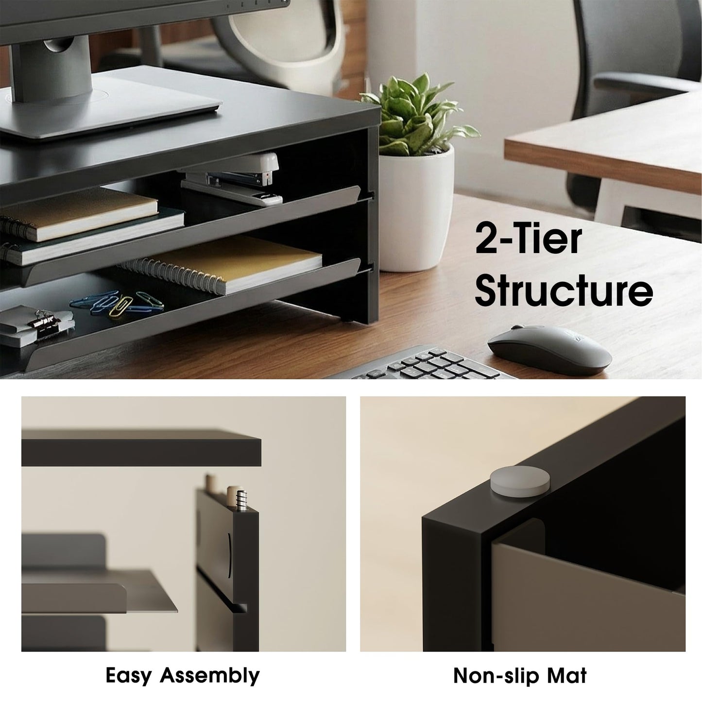 Fenge Monitor Stand, 3-Tier Monitor Riser with Slide-Out Tray, Wooden and Metal Desktop Organizer for Home Office, Computer, Laptop, Printer, Telephone