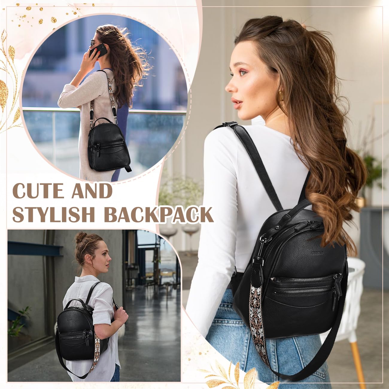 RAVUO Mini Backpack for Women, Small Leather Backpack Purse Fashion Handbag Convertible Ladies Trendy Shoulder Bag for Work,Travel,Black