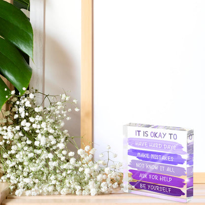 Mental Health “It Is Okay To...” Desk Sign - 4x4 Inch Purple Acrylic Affirmation Decor for Women, Therapy Office Decor, Self-Compassion Gifts, Anxiety Relief & Positive Workspace Accessories