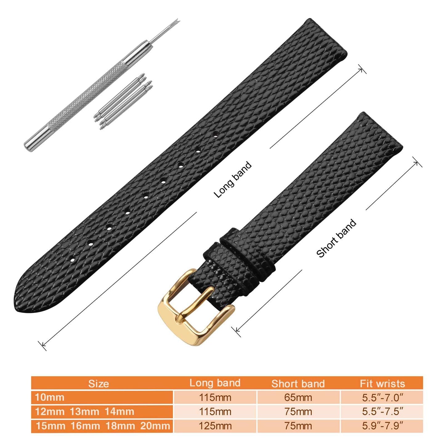 ANNEFIT Women's Leather Watch Band 10mm with Gold Buckle, Lizard Grain Slim Thin Replacement Strap (Black)
