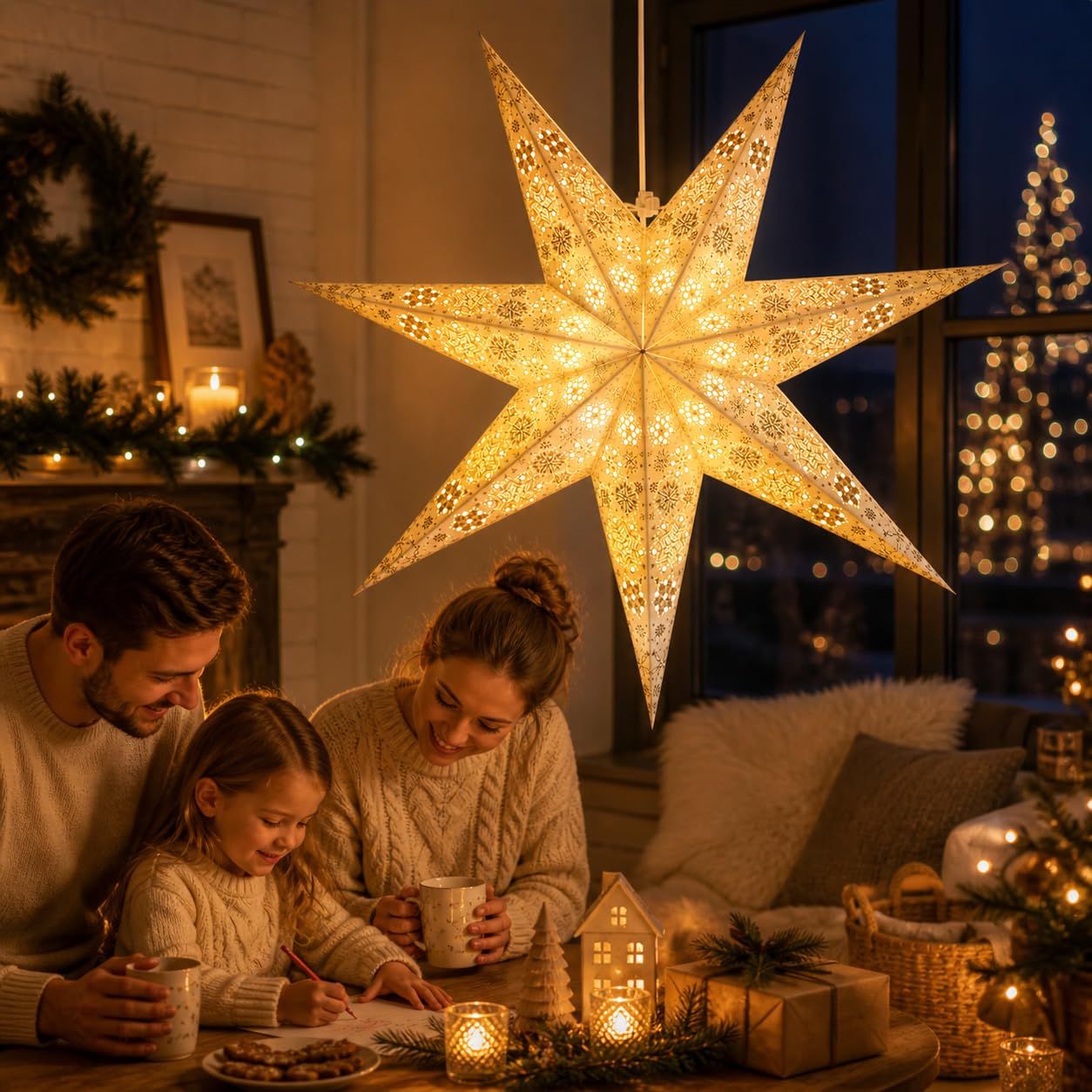 YEPSIO Lantern Lampshade Paper Star Light Shades Large 60cm Hanging Decorations for Christmas Wedding Home Decoration Birthday Party Foldable 7 Pointed Star (White, Silver)