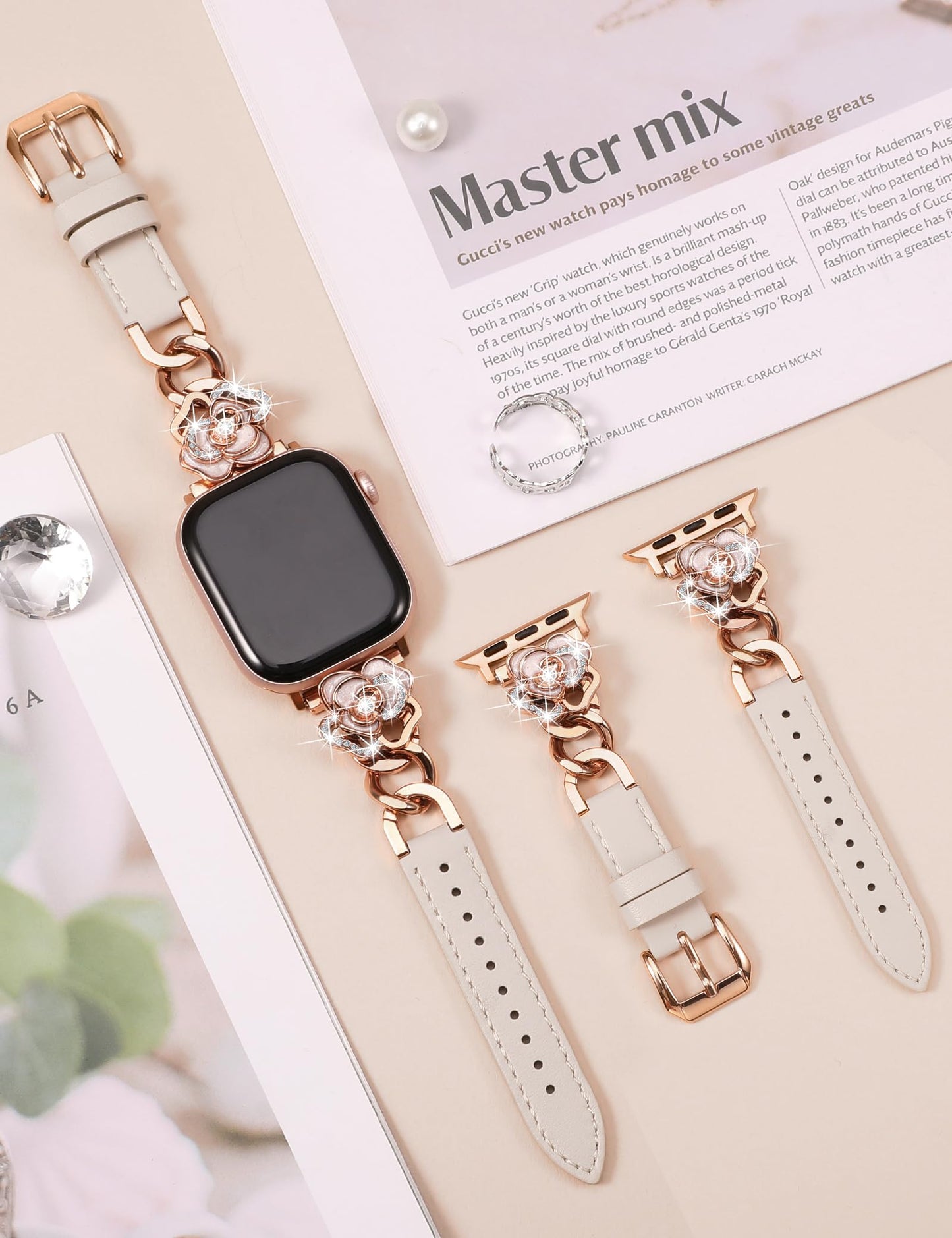 Minyee Compatible with Apple Watch Band 38/40/41/42mm Women, Dressy Elegant Leather Metal Chain Strap with Bling Camellia Charms for iWatch Series 11 10 9 8 7 6 5 4 SE/Ultra 3 2 1,Starlight/Rose Gold