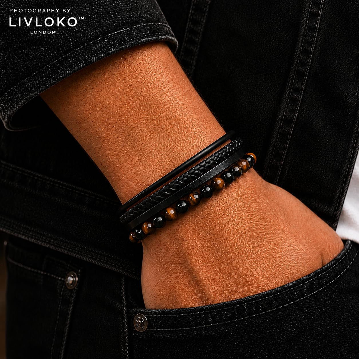 LIVLOKO LONDON Mens Bracelet Leather Black Multi-Layer Tiger Eye Stone Beads Adjustable Steel Clasp Viking Rope Bands Surfer Man Wristband Male UK Jewellery Gift box Husband Boyfriend Dad Son