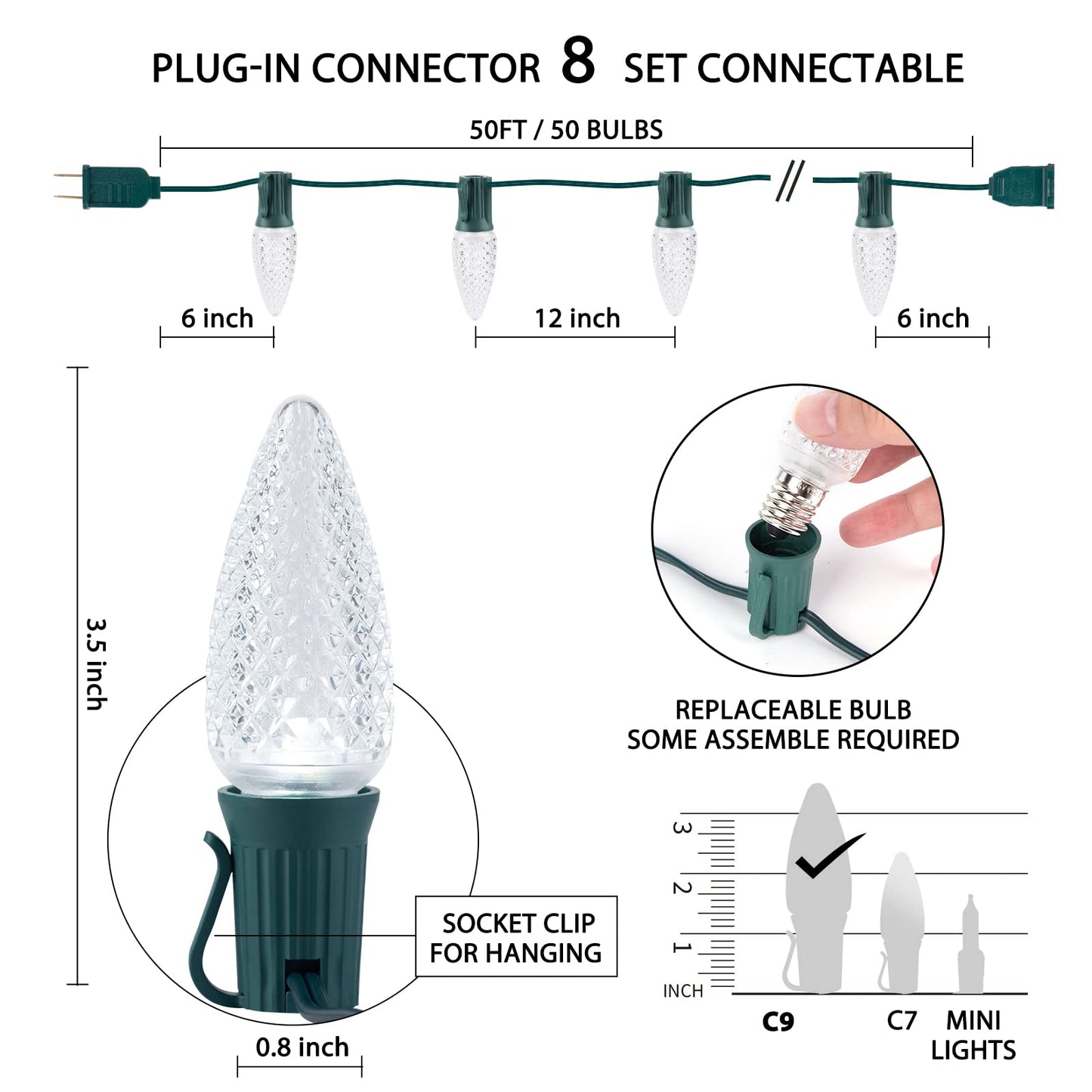 C9 Christmas String Lights Outdoor 50 Feet Led Christmas Lights, 50+2(Spare) Strawberry Bulbs Connectable UL Certified for Indoor Outdoor Roofline Patio Holiday Party Backyard Xmas Decor Pure White