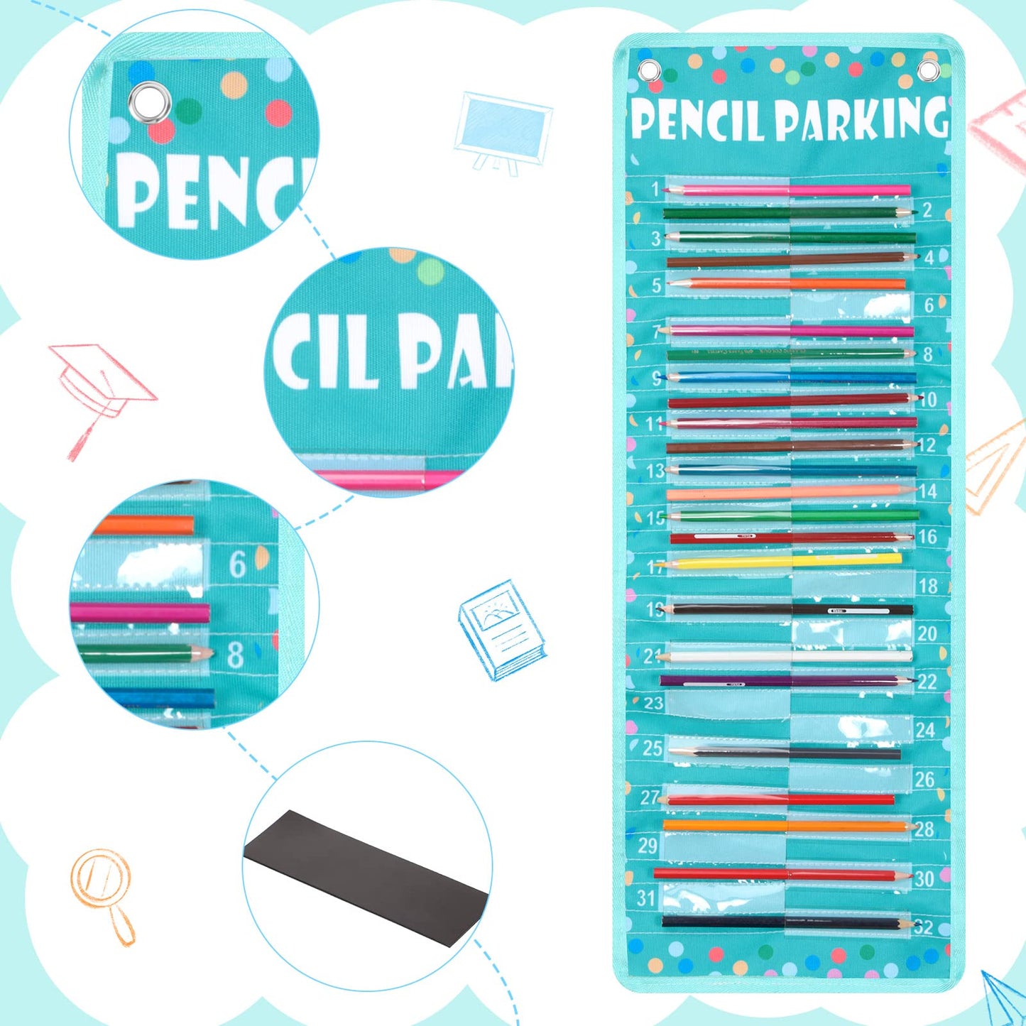 Sabary Pencil Parking Pocket Chart Pencil Dispenser Organizer Holder Nylon Fabric with Grommets and Magnetic Strip for Kids Teachers Classroom School Storage Supplies(Bright)