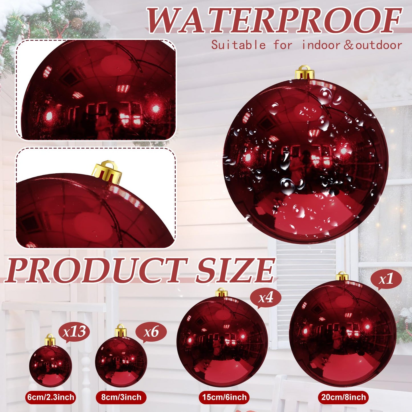 Marsui 24 Pcs Giant Christmas Balls Ornaments Extra Large Outdoor Cherry Christmas Ornament 8'' 6'' 3'' 2'' Large Xmas Balls Bulk Plastic Shatterproof for Xmas Tree Lawn Yard Porch (Frosted and Shiny)