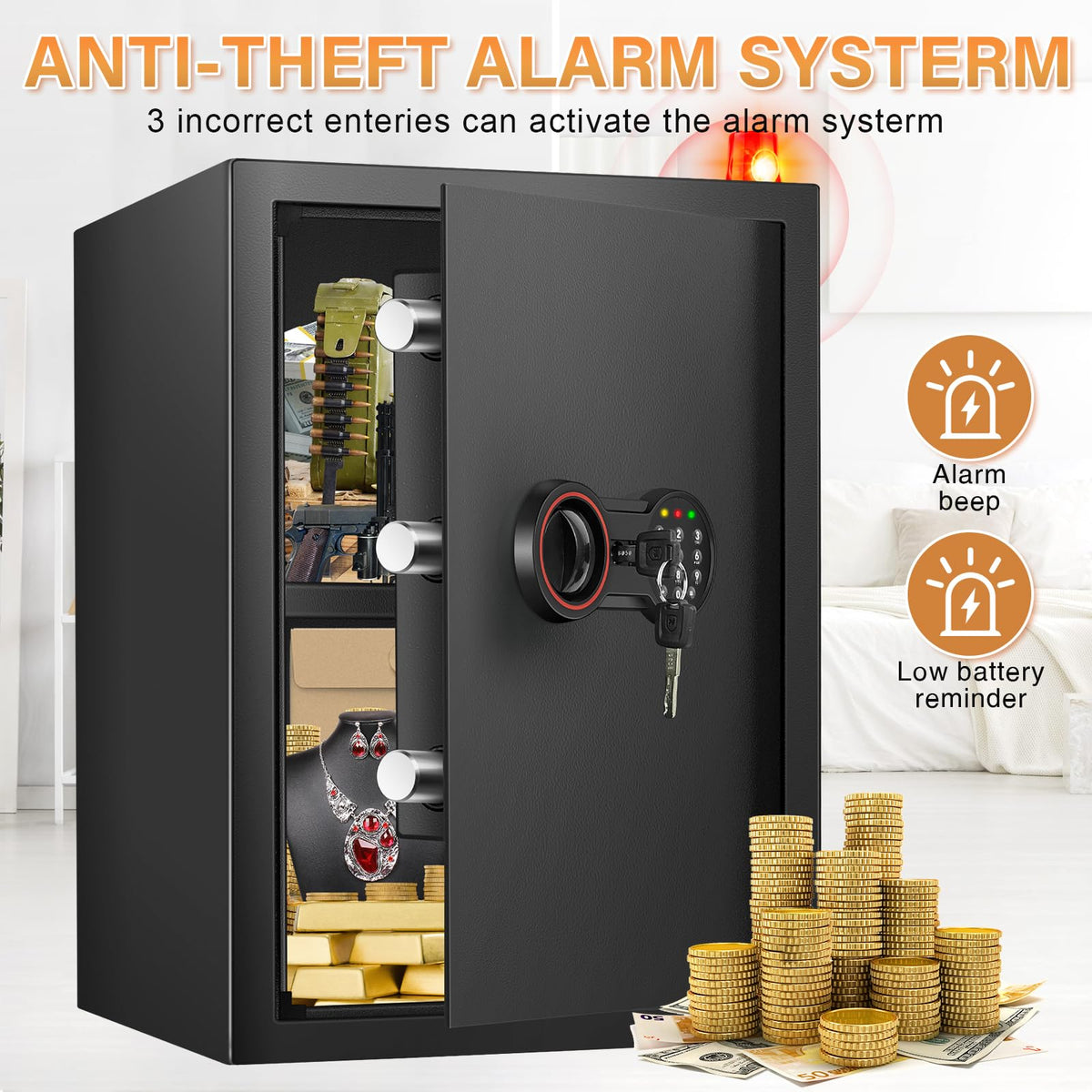 3.3 Cub Large Home Safe Fireproof Waterproof, Anti-theft Fireproof Safe Box with Programmable Keypad, Spare Keys and Removable Shelf, Digital Security Safe for Home Money Firearm Documents Medicines