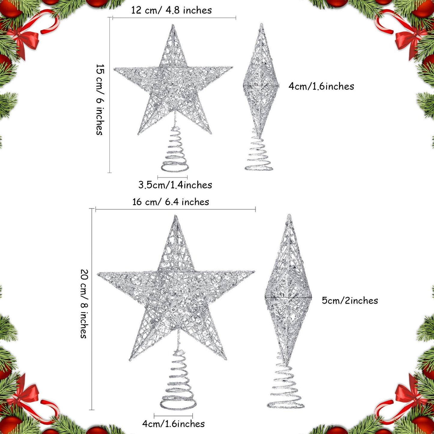 Blulu 2 Pieces Metal Glittered Christmas Tree Topper Star Treetop Hollow Wire Star Topper for Christmas Tree Ornament, 2 Sizes (Silver)