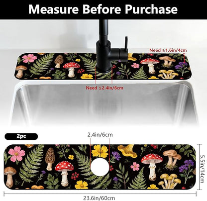 2 Pcs Kitchen Sink Splash Guard Faucet Mats Colorful Mushrooms and Flowers