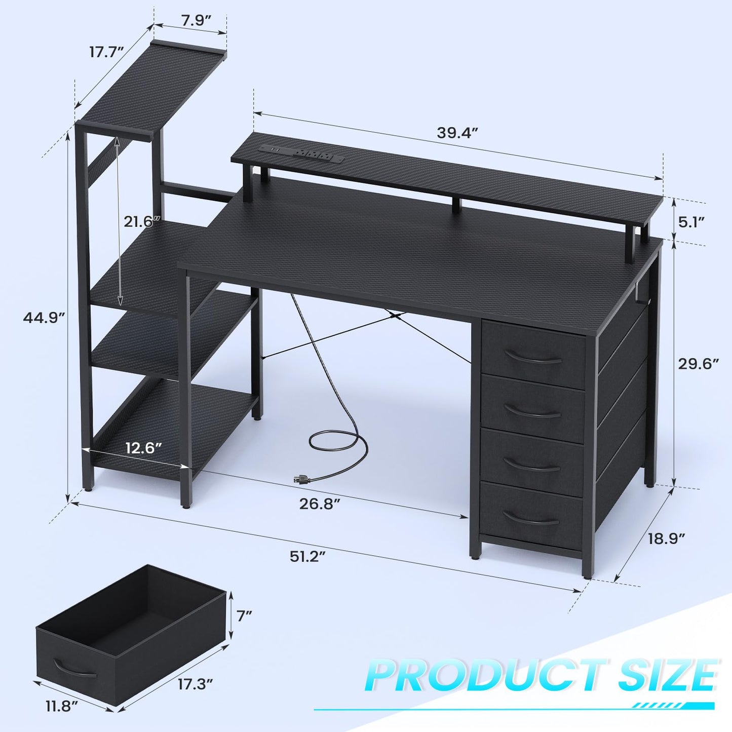 51 Inch Gaming Desk with Power Outlet and LED Lights, Computer Desk with 4 Drawers & Storage Shelves, Reversible Home Office Desk with Monitor Stand for Small Space Bedroom, Carbon Fiber Black