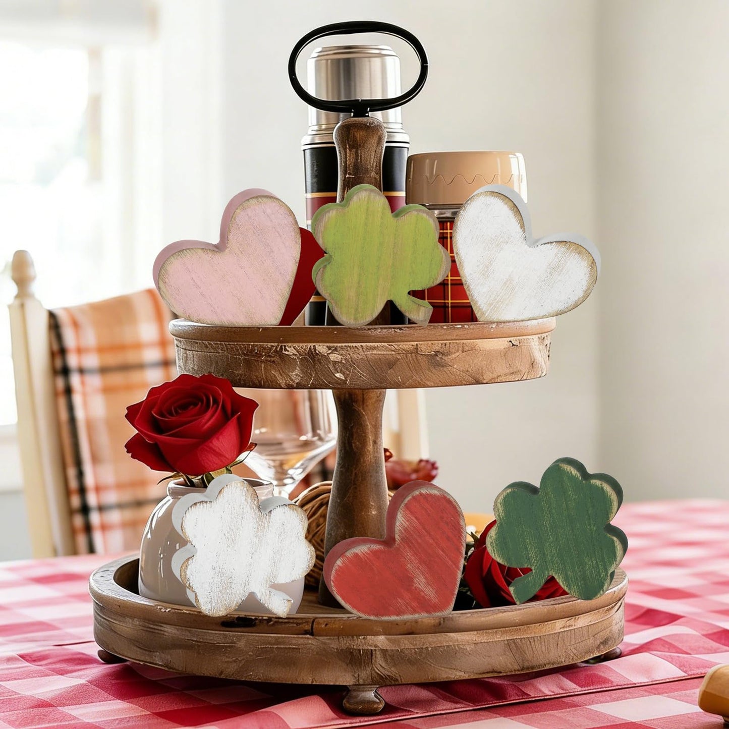 PAIVSUN 6Pcs Valentine's Day/St.Patrick's Day Tiered Tray Decorations, Double-Sided Distressed Heart and Shamrock Wooden Signs Clover Table Decor for Home Office Tabletop (Retro Mix)