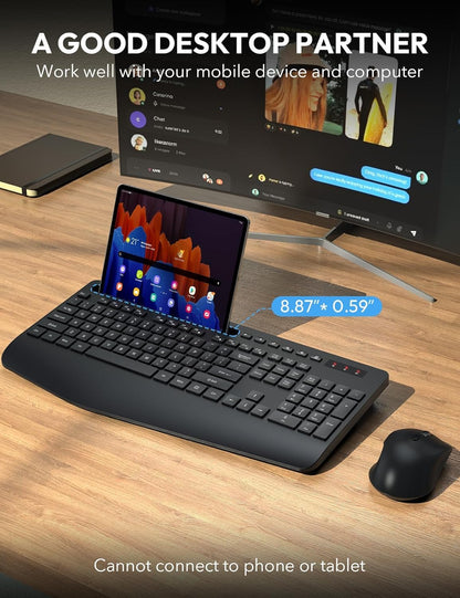 Wireless Keyboard and Mouse Combo, 2.4G Lag-Free Keyboard Set with Ergonomic Wrist Rest, Phone Holder, Silent Keyboard Cordless Set for Computer, Batteries Included, Laptop, PC, Mac, Windows -SABLUTE