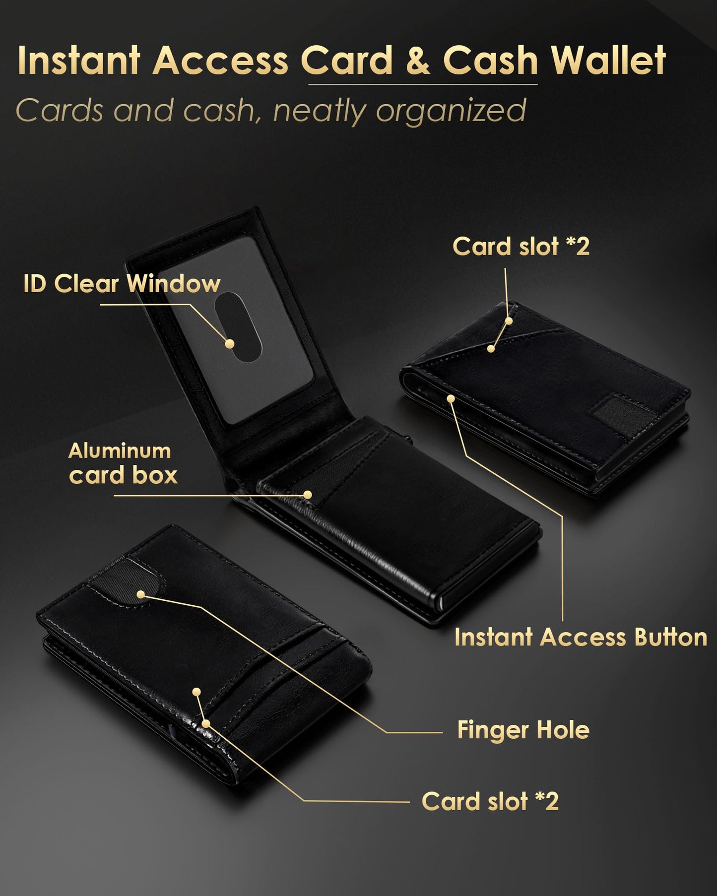 QLD Wallet for Men - RFID Blocking [Functional & Practical] Bifold Slim Minimalist Credit Card Holder Pop Up Metal Case with Cash Slot, Front Pocket with ID Window, Gift Boxed (BLACK)