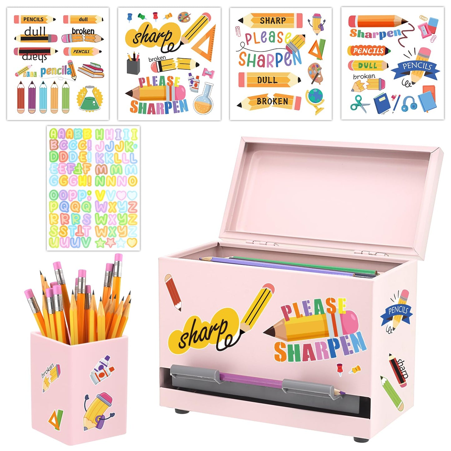 SYMDROMIA Pencil Dispenser for Classroom Stainless Steel Pencil Holder for Desk, Pencil Dispenser Set with Silicone Organizer & 5 Stickers, Back to School Classroom Must Haves Teacher Supplies (Pink)