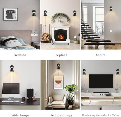 Wall Sconce with Metal Shade, Plug Switch, Indoor Decor Wall Mount Swing Arm Lamp for Bedroom,Hallway,Living Room,Reading, Black