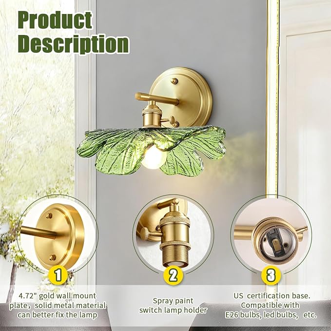 Vintage Wall sconces Glass Wall Sconce with Green Glass Shade Gold Wall Sconce Modern Vanity Light Bathroom Bathroom Light fixtures Over Mirro Wall lamp for Bedroom Hallway Living Room