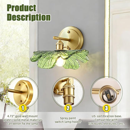 Vintage Wall sconces Glass Wall Sconce with Green Glass Shade Gold Wall Sconce Modern Vanity Light Bathroom Bathroom Light fixtures Over Mirro Wall lamp for Bedroom Hallway Living Room