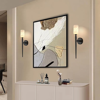 Alabaster Wall Sconce Set of 2, 22in Modern Spanish Natural Marble Bathroom Vanity Sconces, Indoor Black Wall Lighting Fixtures Decor for Bedroom Living Room Staircases