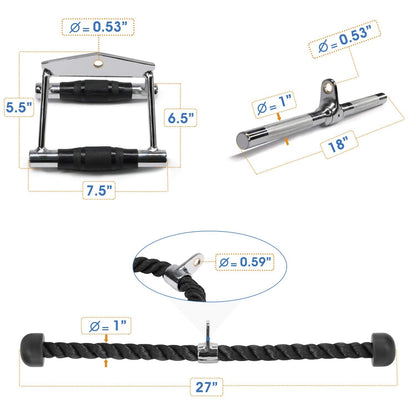 Yes4All Combo Double D Handle, Tricep Rope & V-Shape Bar, Multi Cable Machine Accessories, Tricep Press Down Cable Machine Attachment, LAT Pulldown Attachments for Home Gym Set