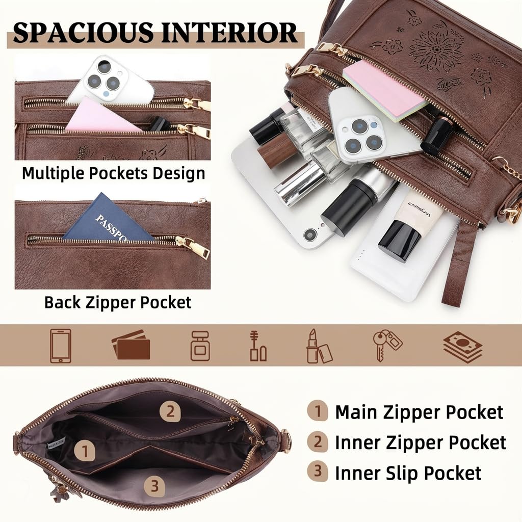 HAYRVANE Crossbody Bags for Women,Vegan Leather Cell Phone Purse with Tassel Multi Pocket Travel Shoulder Handbags Coffee