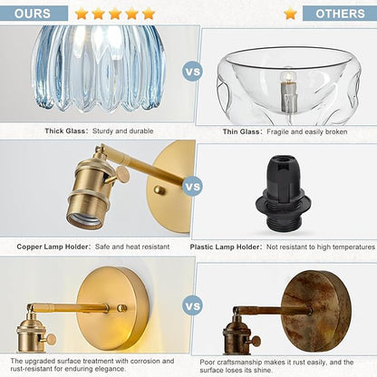Hardwired Wall Sconce Light, Vintage Wall Sconce with Switch, Gold Wall Light Fixture with Tulip Denim Blue Glass Lampshade, Indoor Wall Light for Bedroom Bathroom, Bedside Wall Lamp