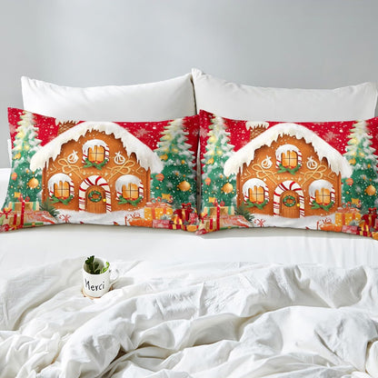 Feelyou Red Christmas Duvet Cover Full Size Kids Candy House Bedding Set Boys Girls Candyland Theme Christmas Wonderland Pine Comforter Cover Set Xmas Tree Happy New Year Bedspread Cover(No Comforter)