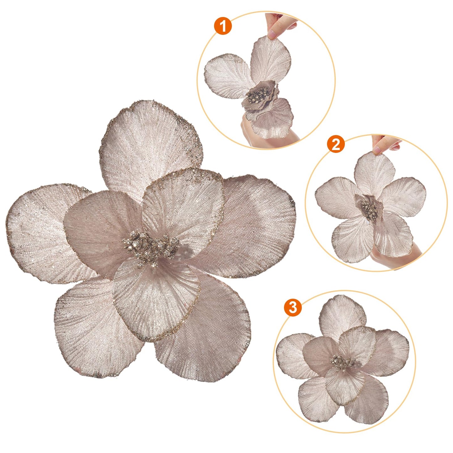 YSZL Christmas Poinsettias Artificial Magnolia Flower Ornaments Floral Picks Stems Christmas Tree Decorations Pack of 10 for Xmas Tree Party Wedding Centerpiece (Champagne)