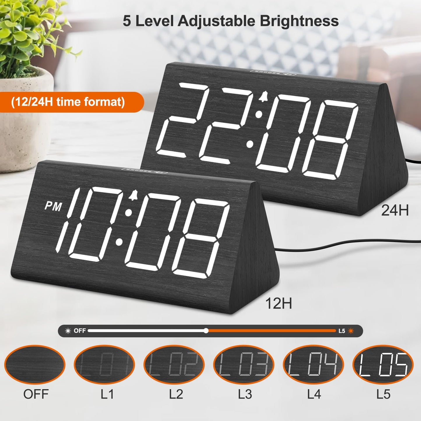 DreamSky Wooden Digital Alarm Clocks for Bedrooms - Electric Desk Clock with Large Numbers, USB Port, Loud Alarm for Heavy Sleepers, Adjustable Volume, Dimmer, DST, Wood Décor Gifts, Adapter Powered