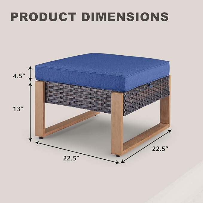 Rilyson Outdoor Ottoman Wicker Patio Footrest - 2 Piece Wicker Footrest Footstools Set with Sturdy Frame,All-Weather PE Wicker, Thick Cushions for Deck Porch Garden(Brown/Blue)