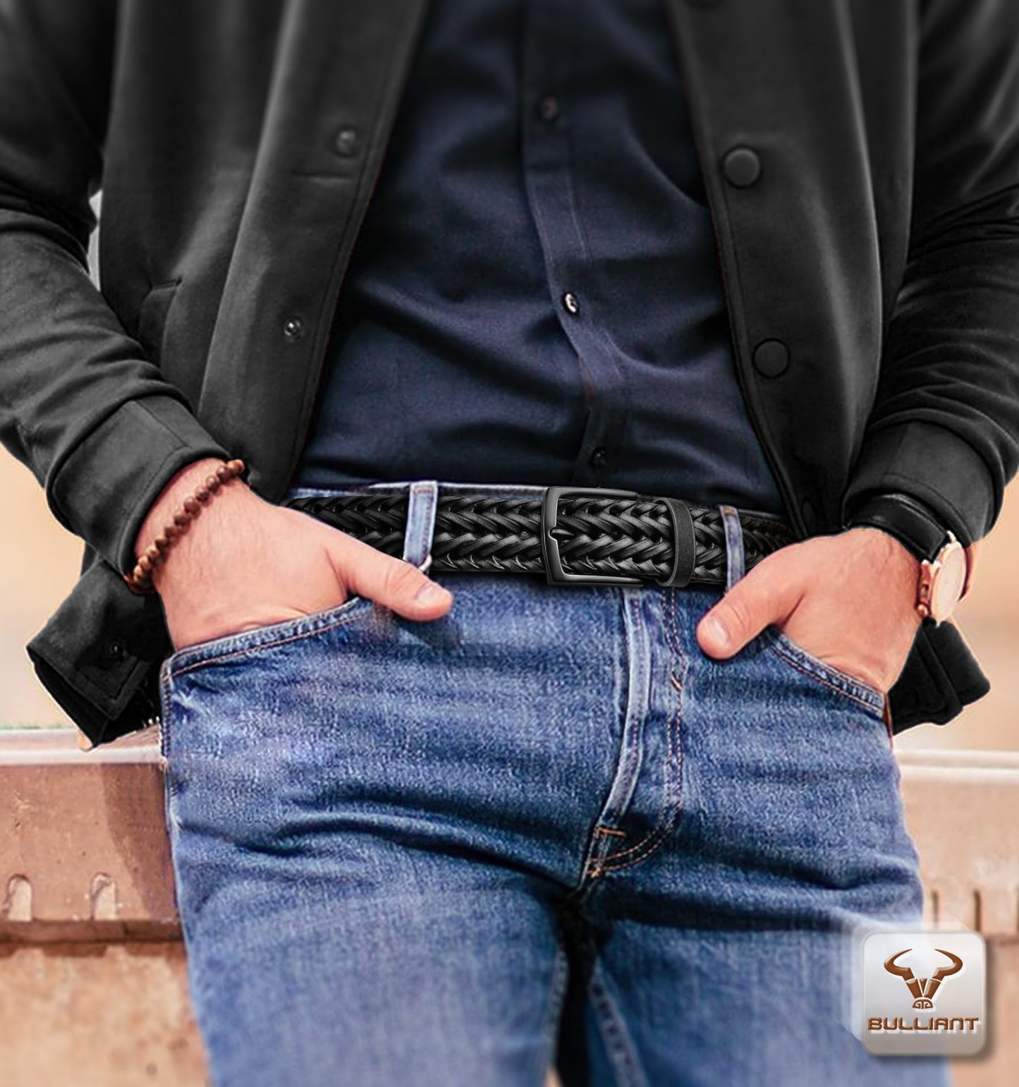 BULLIANT Men Belt 2Pack,Braided Woven Leather Belt For Men Golf Casual Jeans 1 3/8"(Black/Deep Brown,26"-30" Waist Adjustable)